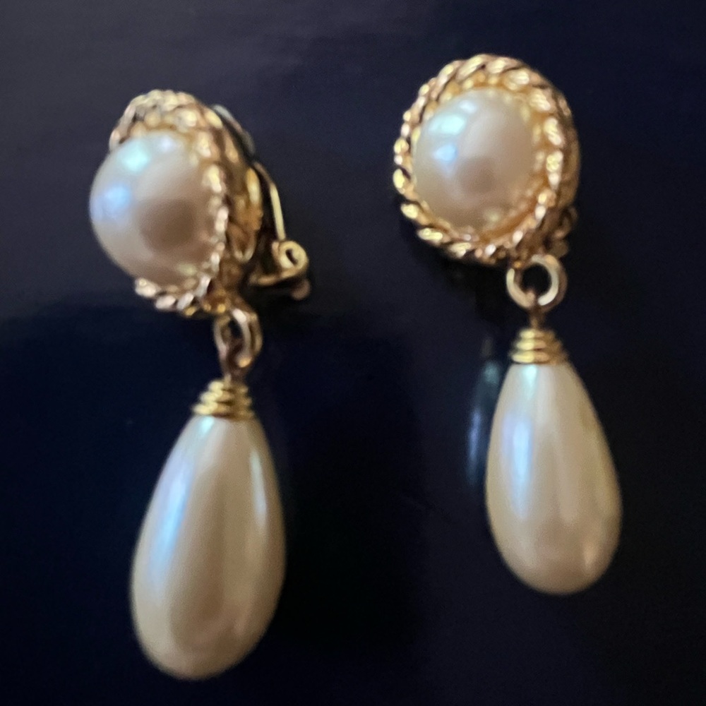 Elegant Gold and Cream Drop Earrings - clip on